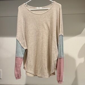 Colorblock Waffle-Knit Top in Cream, Blue, Pink